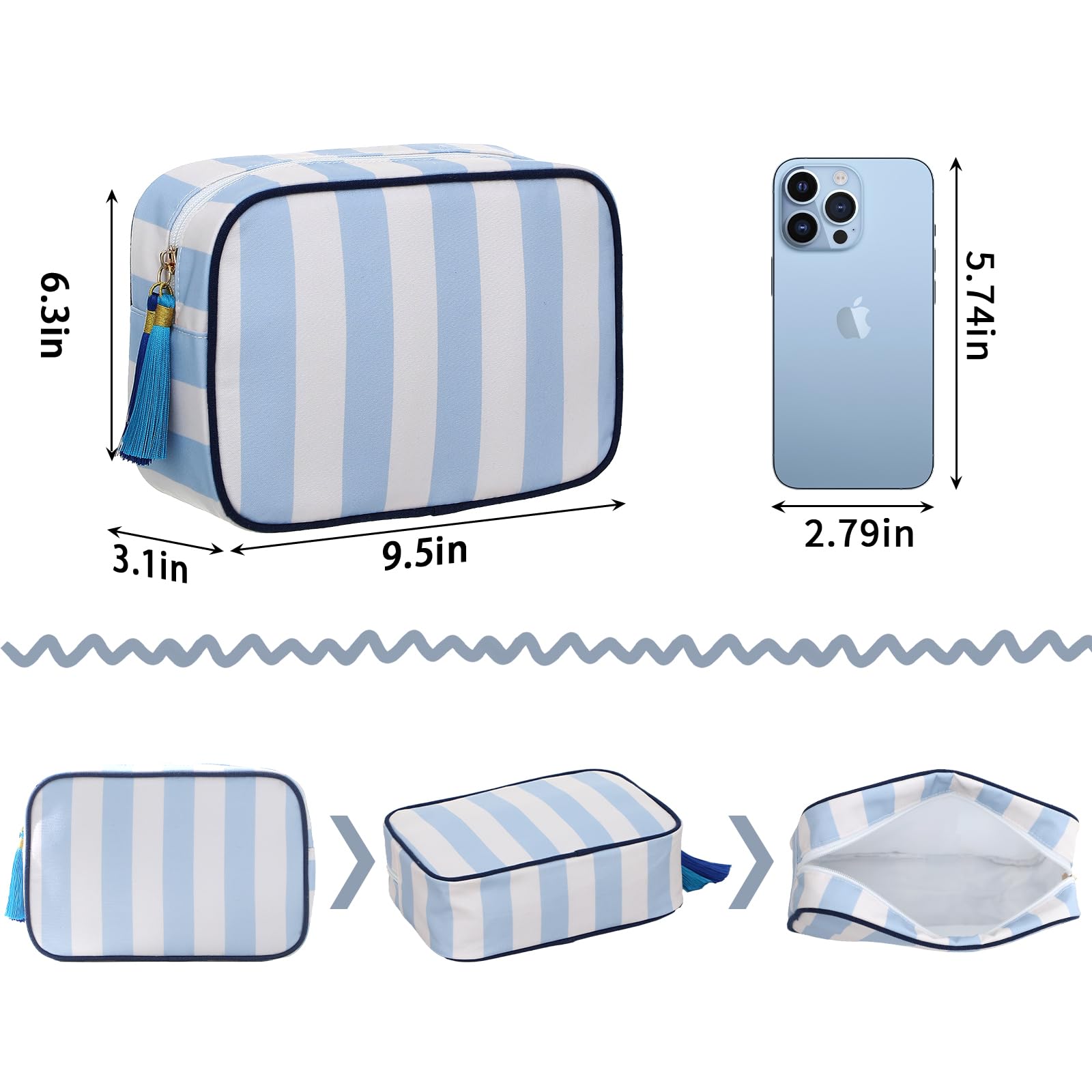 EMBRUNIOICE stripe makeup bag inside view demonstrates padded protection for essentials.