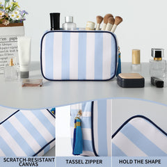 EMBRUNIOICE stripe makeup bag material close-up emphasizes durable canvas.