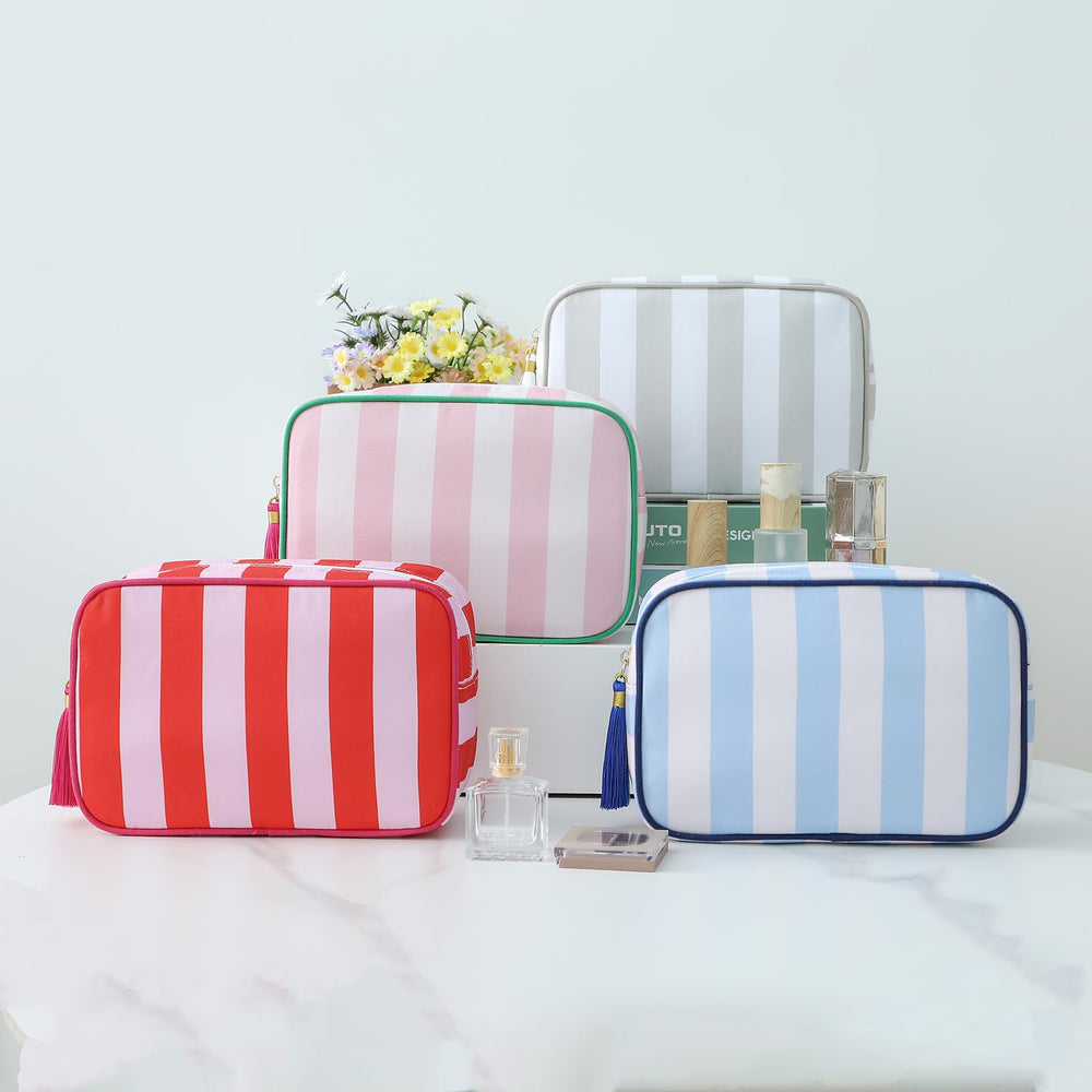 EMBRUNIOICE stripe makeup bag organizer use demonstrates versatility for travel.