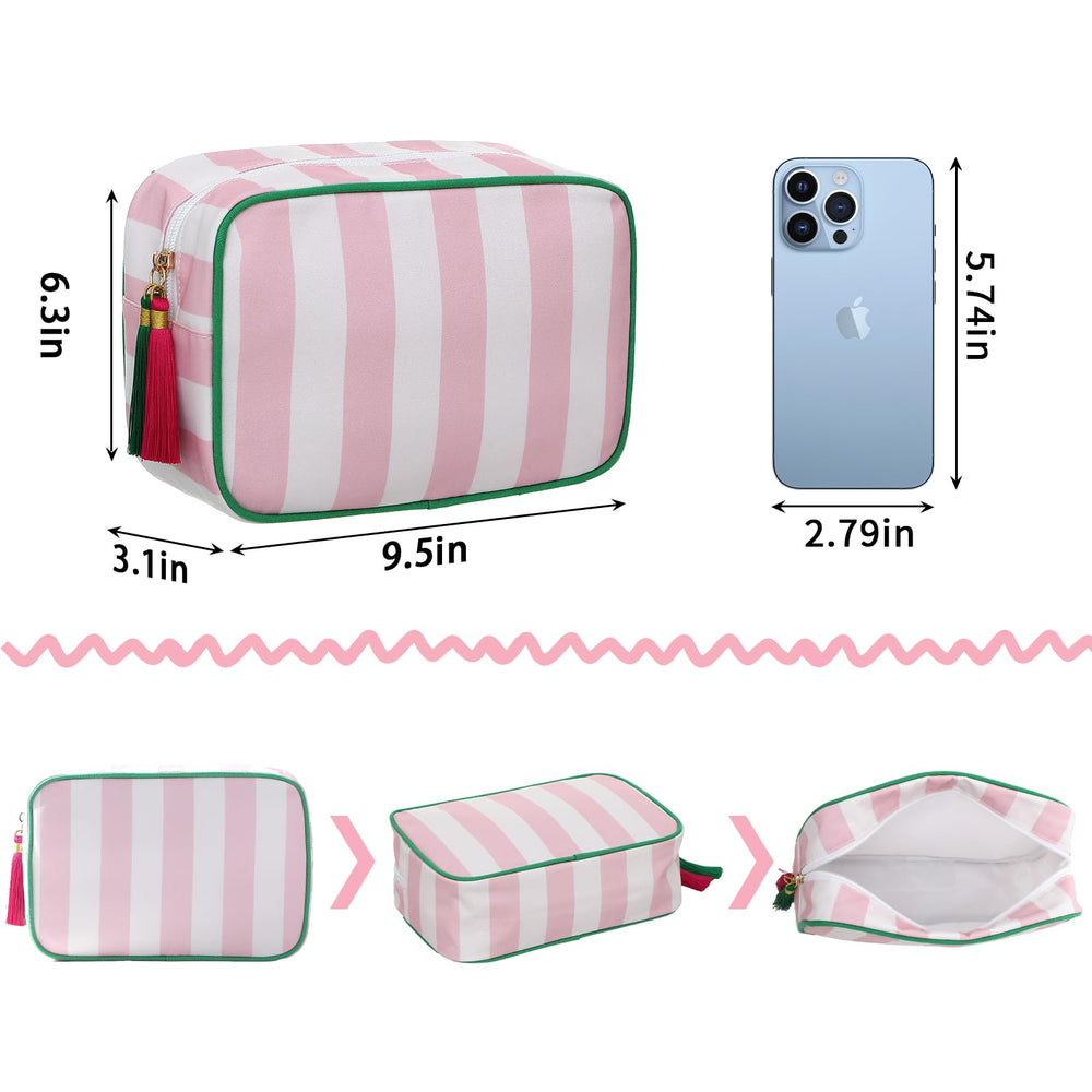 EMBRUNIOICE stripe makeup bag tassel zipper detail highlights modern design and easy access.