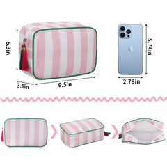 EMBRUNIOICE stripe makeup bag tassel zipper detail highlights modern design and easy access.