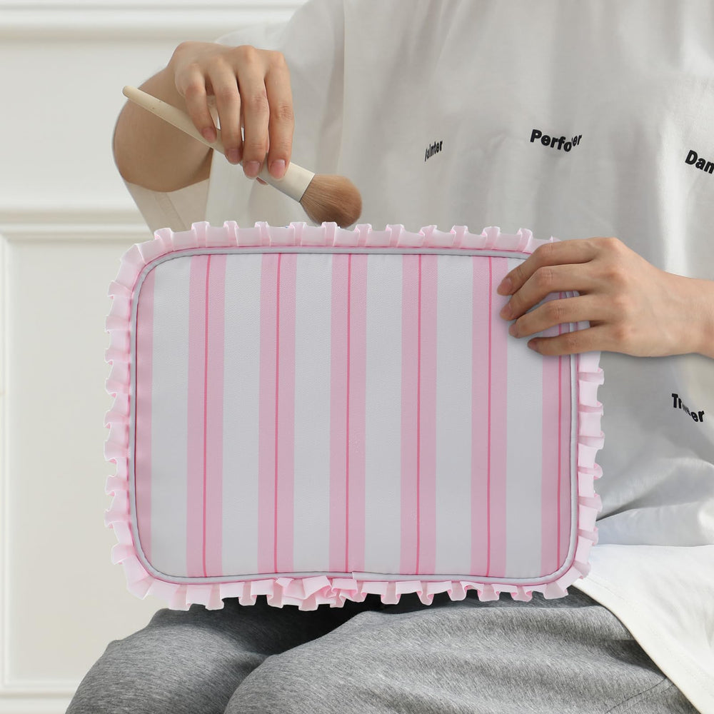 EMBRUNIOICE Stripe Ruffle Makeup Bag dimensions highlight its large capacity for travel.