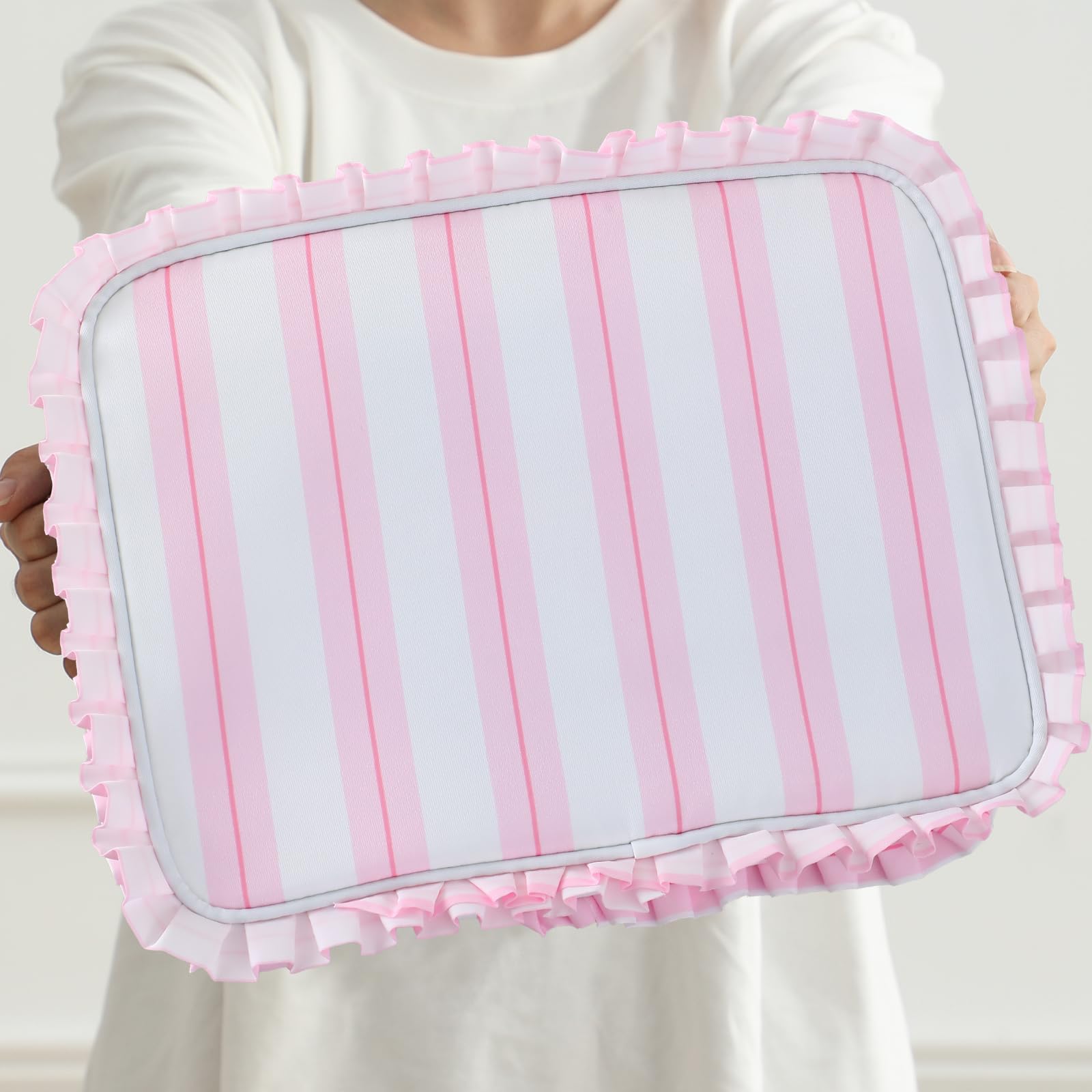 EMBRUNIOICE Stripe Ruffle Makeup Bag gift idea for stylish women.