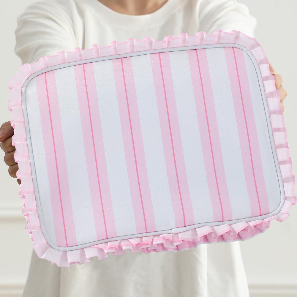 EMBRUNIOICE Stripe Ruffle Makeup Bag gift idea for stylish women.