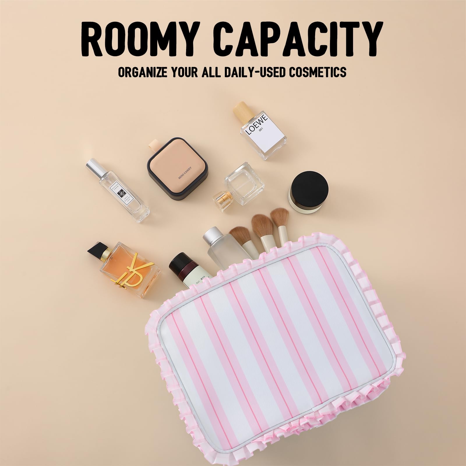EMBRUNIOICE Stripe Ruffle Makeup Bag inside view with roomy compartments for full-sized products.