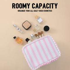 EMBRUNIOICE Stripe Ruffle Makeup Bag inside view with roomy compartments for full-sized products.