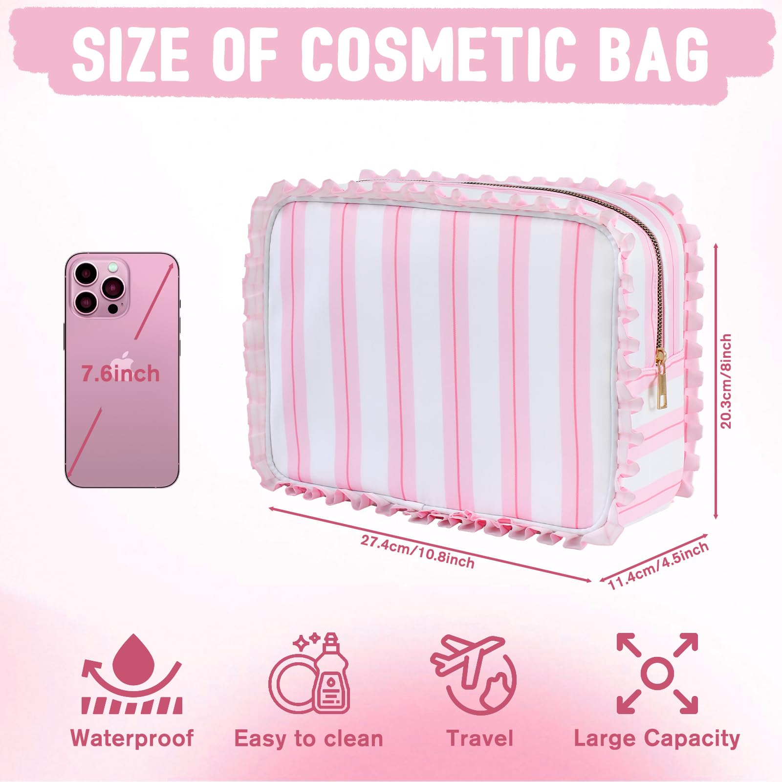 EMBRUNIOICE Stripe Ruffle Makeup Bag pink stripe aesthetic suits gift-ready appeal.