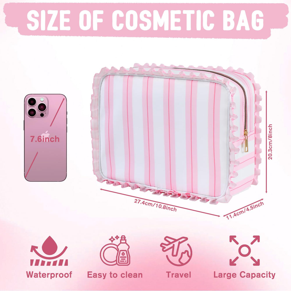 EMBRUNIOICE Stripe Ruffle Makeup Bag pink stripe aesthetic suits gift-ready appeal.
