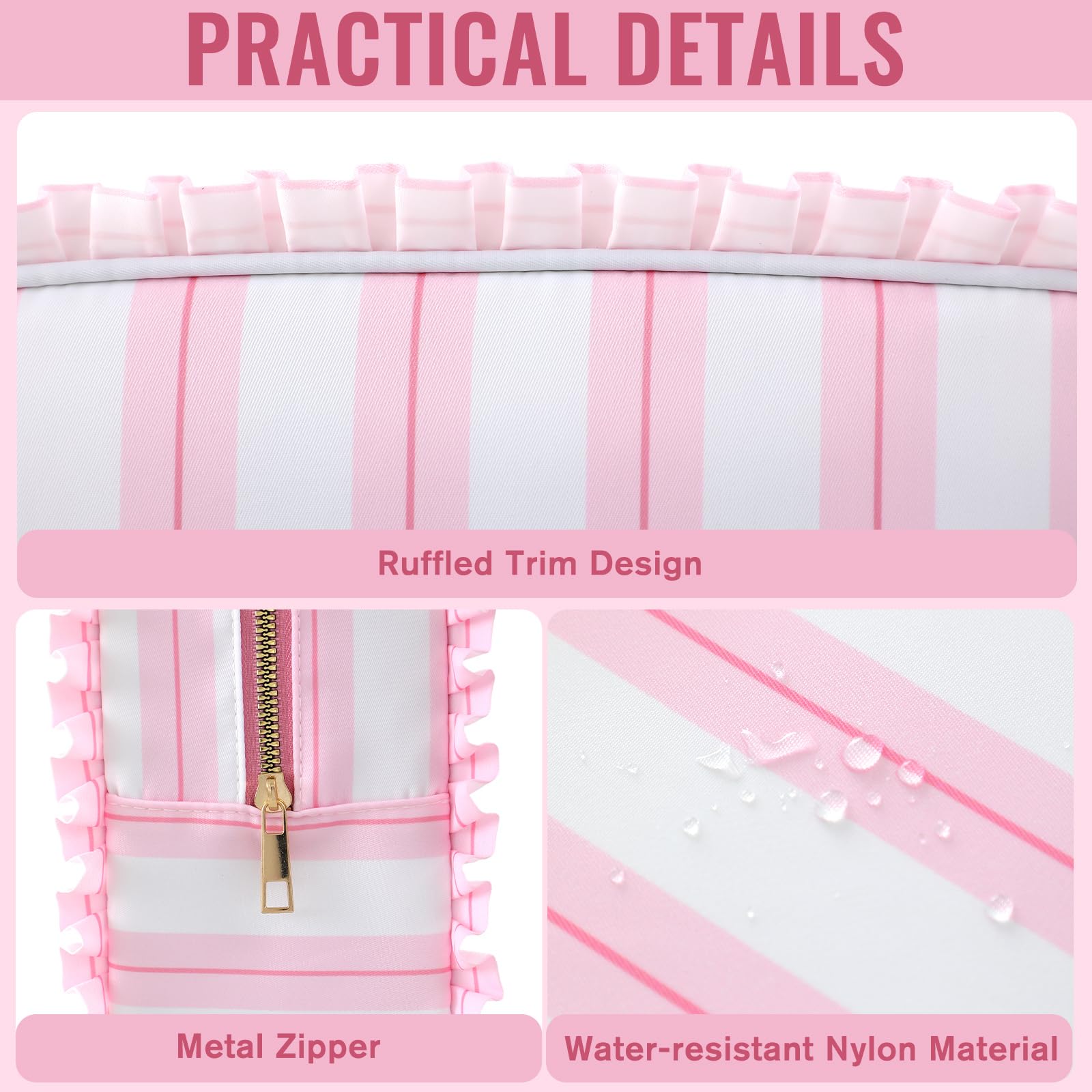 EMBRUNIOICE Stripe Ruffle Makeup Bag travel-ready companion for trips and daily routines.