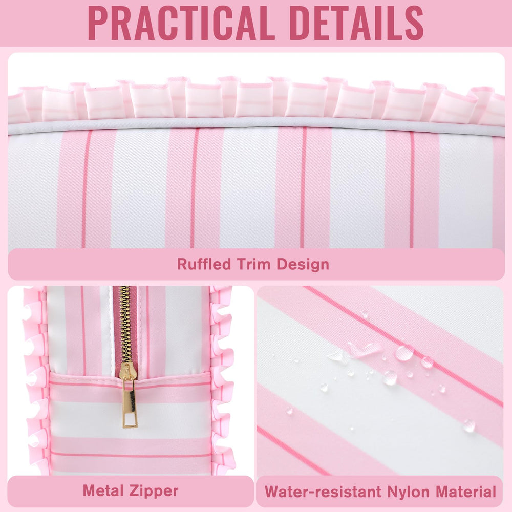 EMBRUNIOICE Stripe Ruffle Makeup Bag travel-ready companion for trips and daily routines.