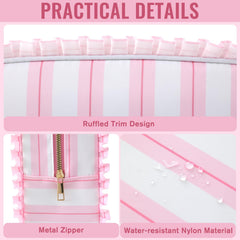 EMBRUNIOICE Stripe Ruffle Makeup Bag travel-ready companion for trips and daily routines.
