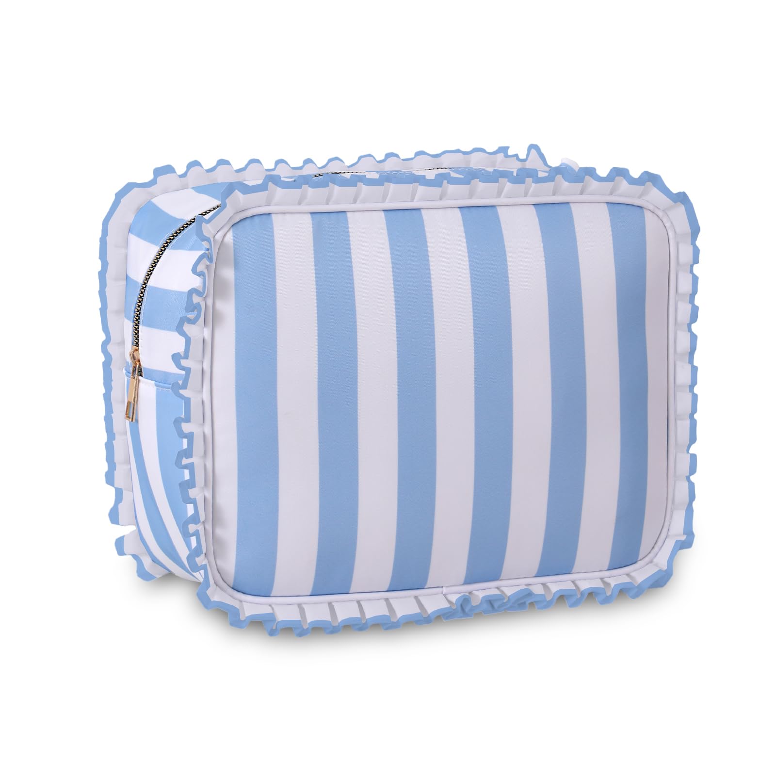 EMBRUNIOICE Stripe Ruffle Makeup Bag showcases chic ruffle trim for stylish travel.