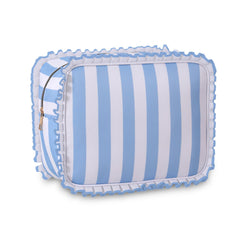 EMBRUNIOICE Stripe Ruffle Makeup Bag showcases chic ruffle trim for stylish travel.