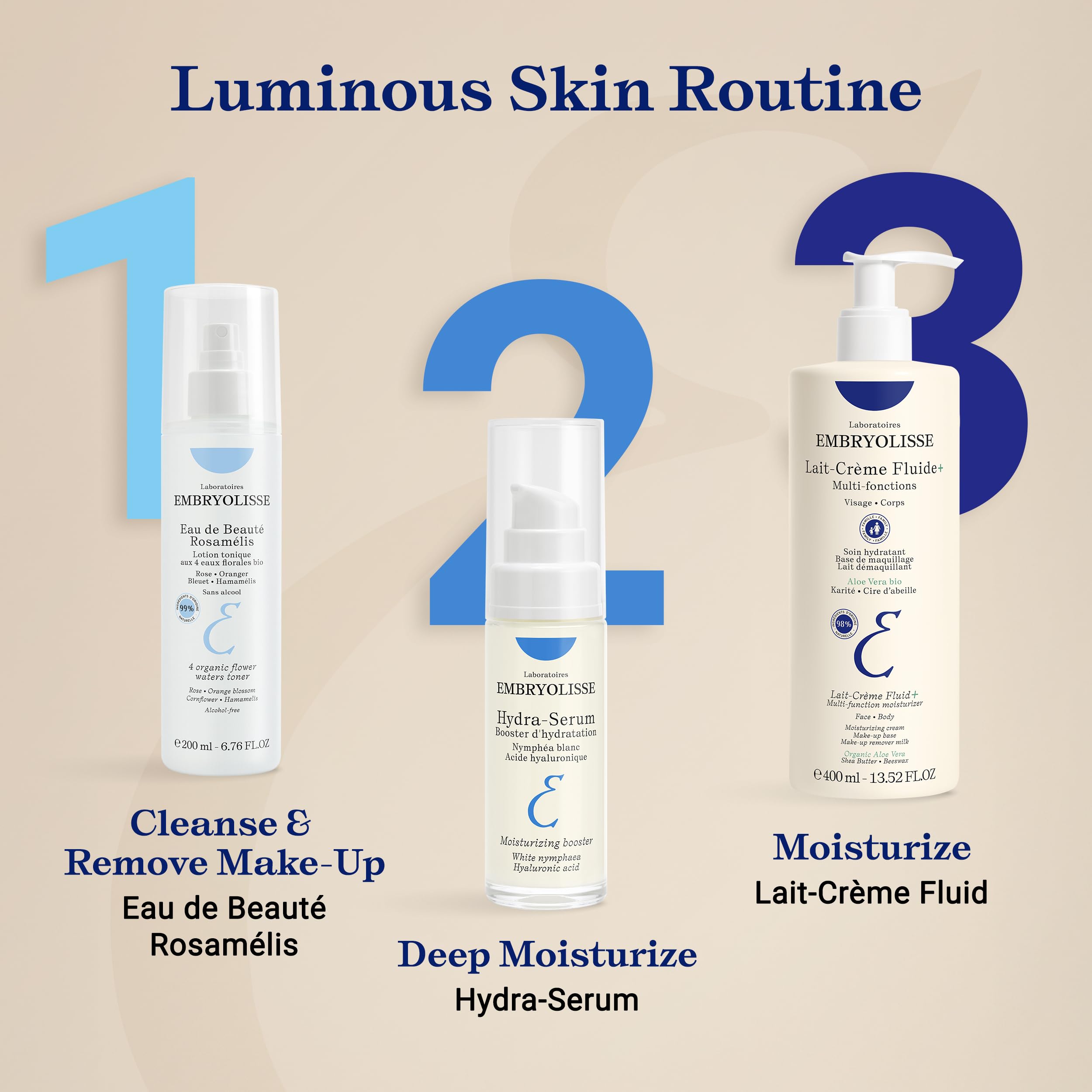 Flat lay of Embryolisse Hydra-Serum in a skincare ritual for glow.