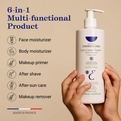 Fluid+ shown as gentle cleanser/remover for face with skincare benefits.