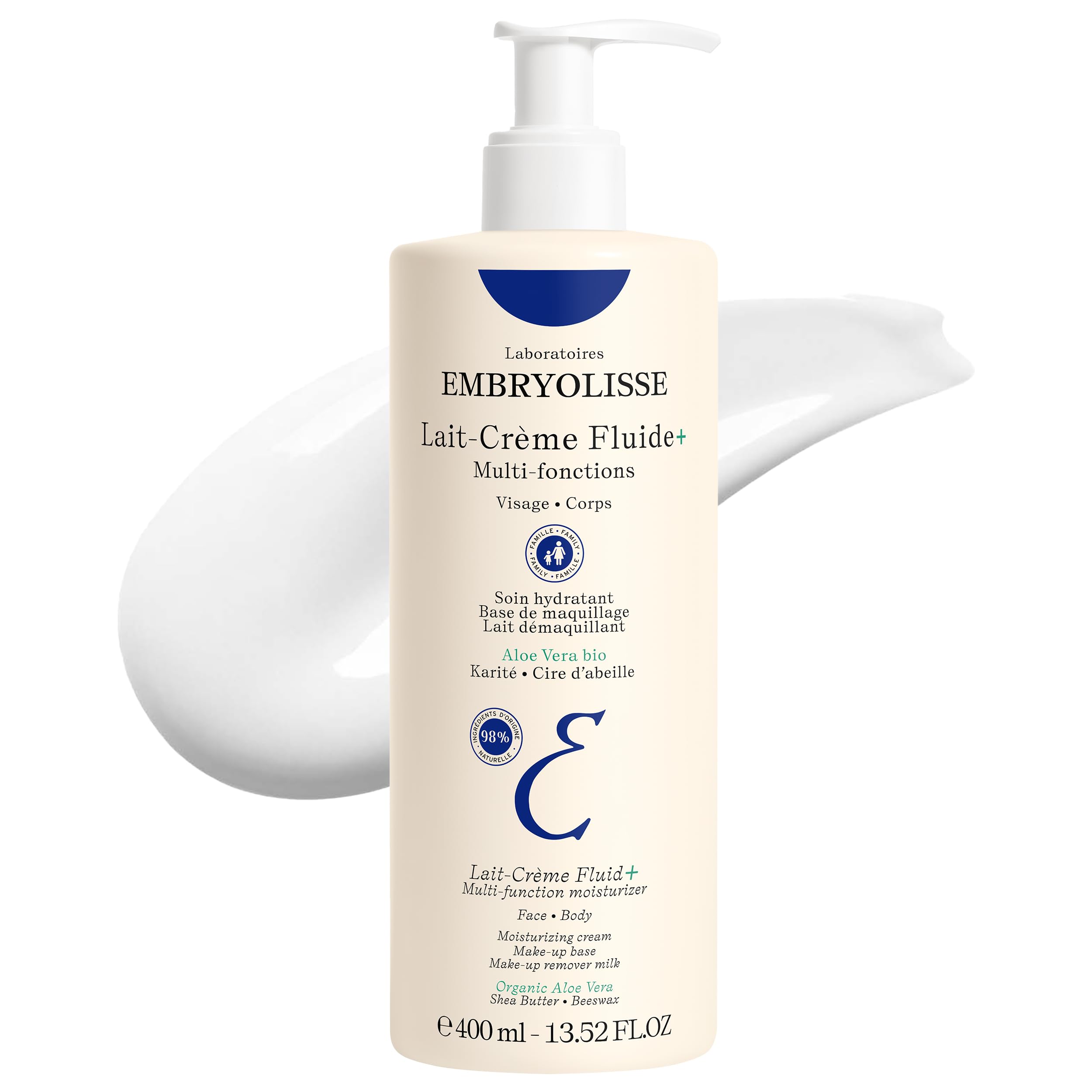 Embryolisse Lait-Crème Fluid+ bottle demonstrates all-in-one hydration for face and body.