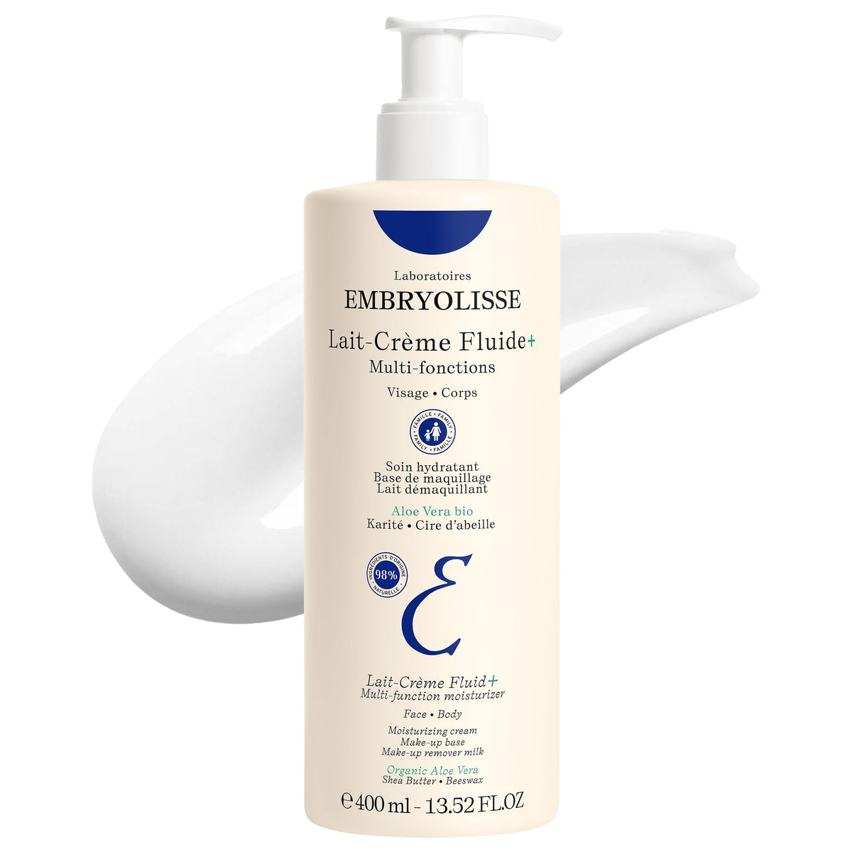 Embryolisse Lait-Crème Fluid+ bottle demonstrates all-in-one hydration for face and body.