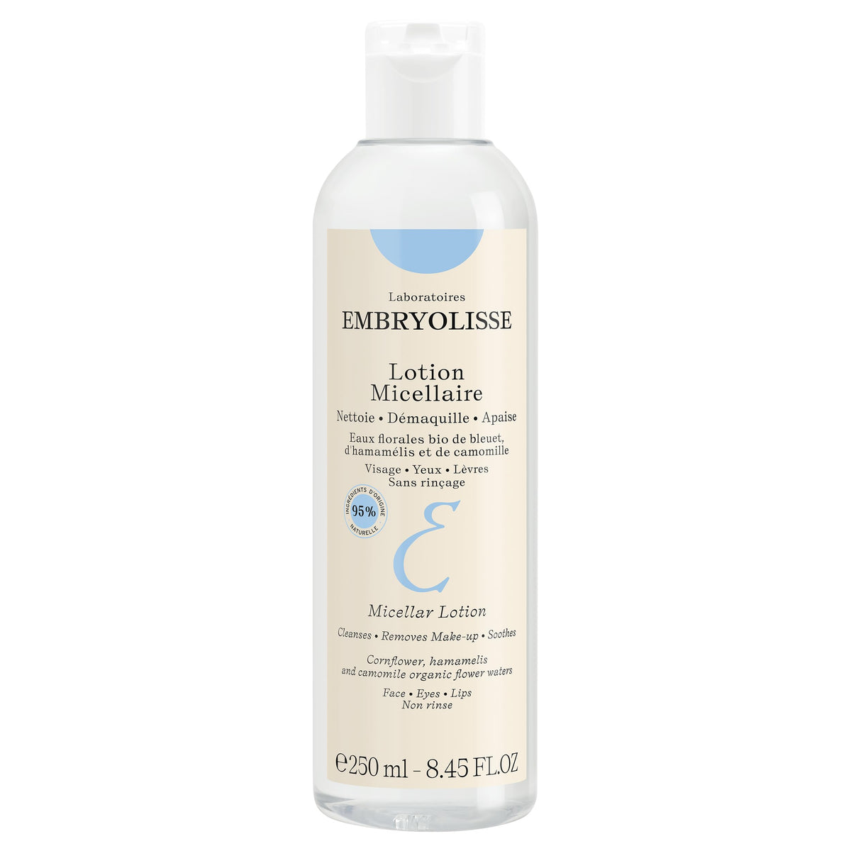 Embryolisse Micellar Lotion bottle front view, gentle makeup remover for sensitive skin