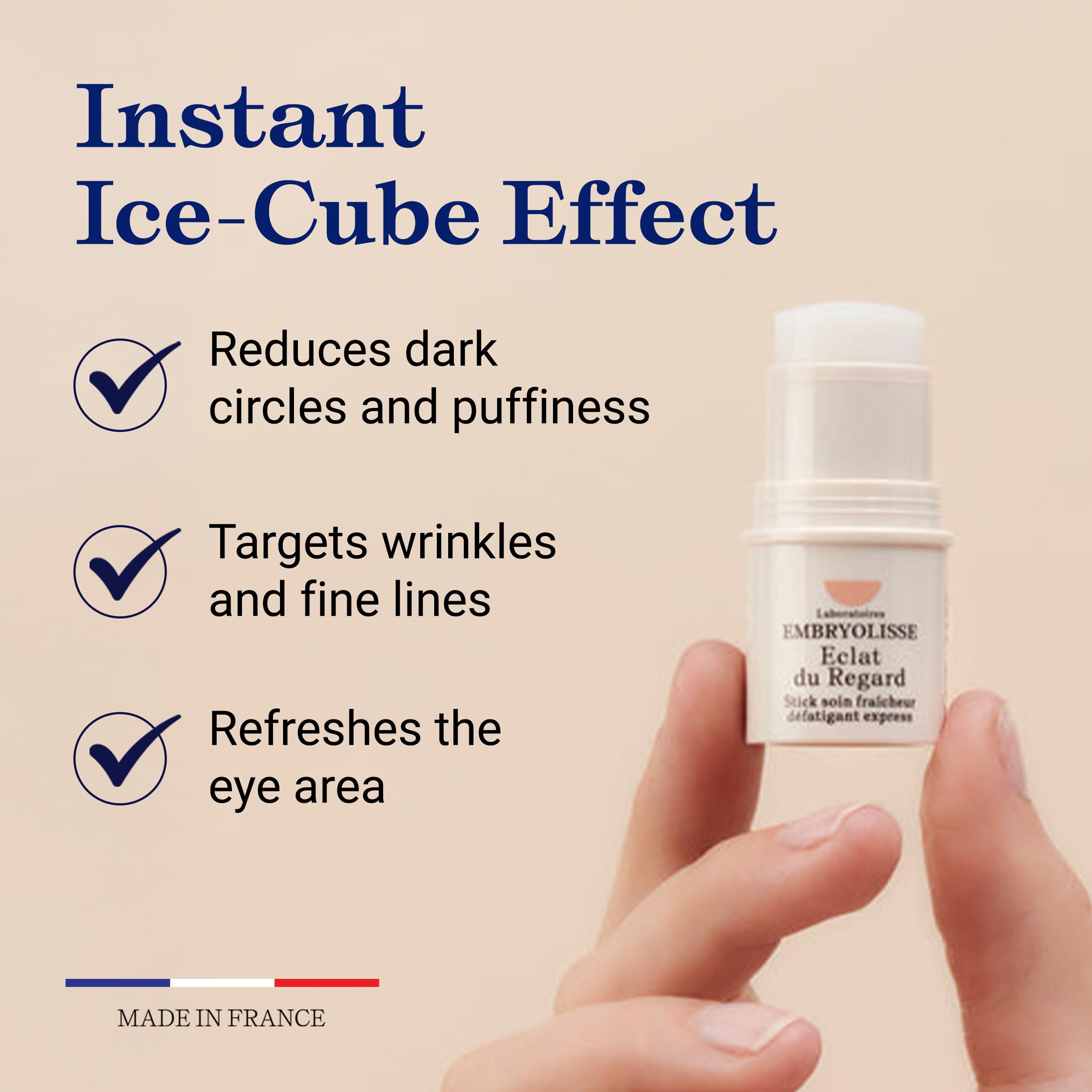 Embryolisse Radiant Eye Stick aloe vera essence on skin for soothing relief.