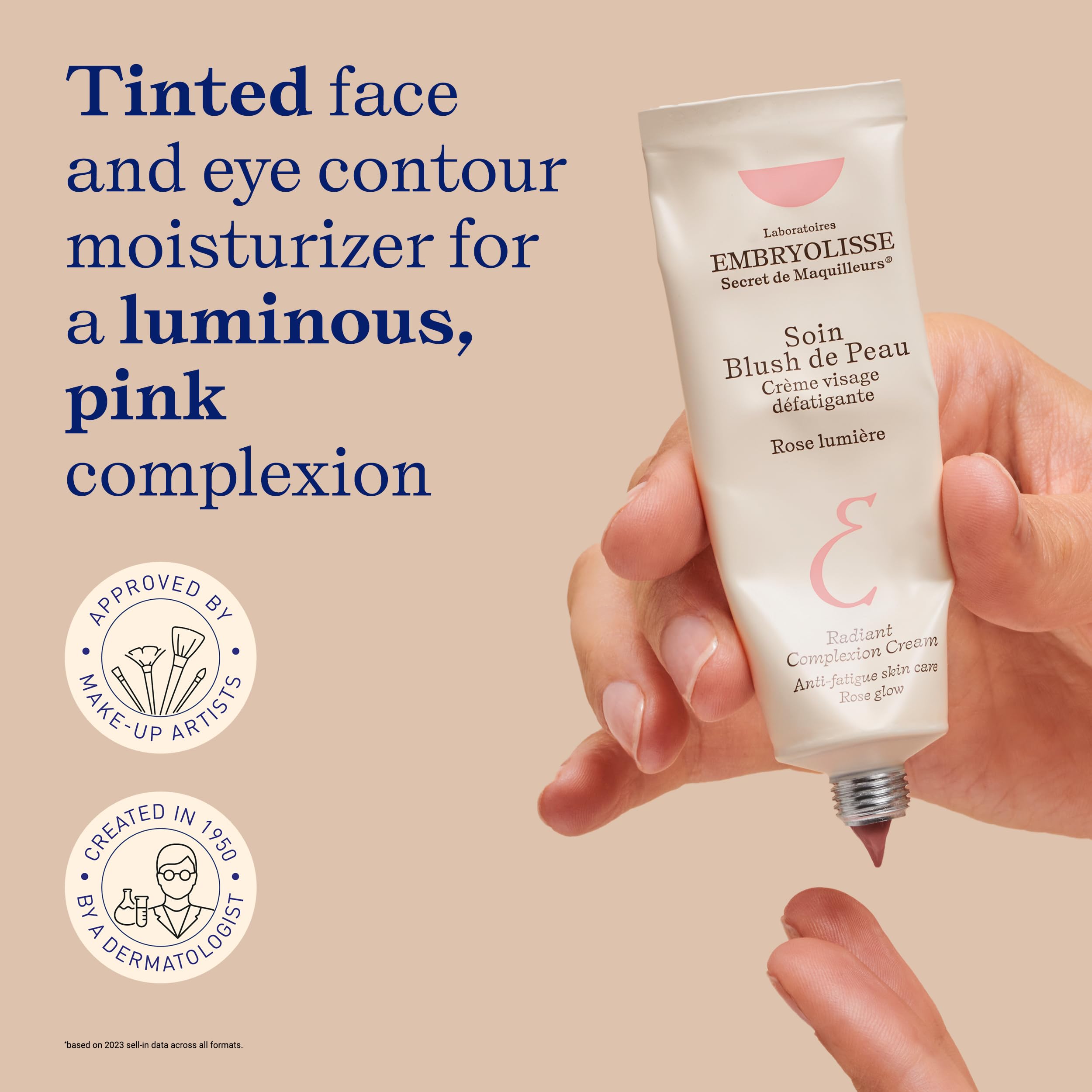 Embryolisse Rose Lumière rose tint swatches showing universal shade for all skin tones.
