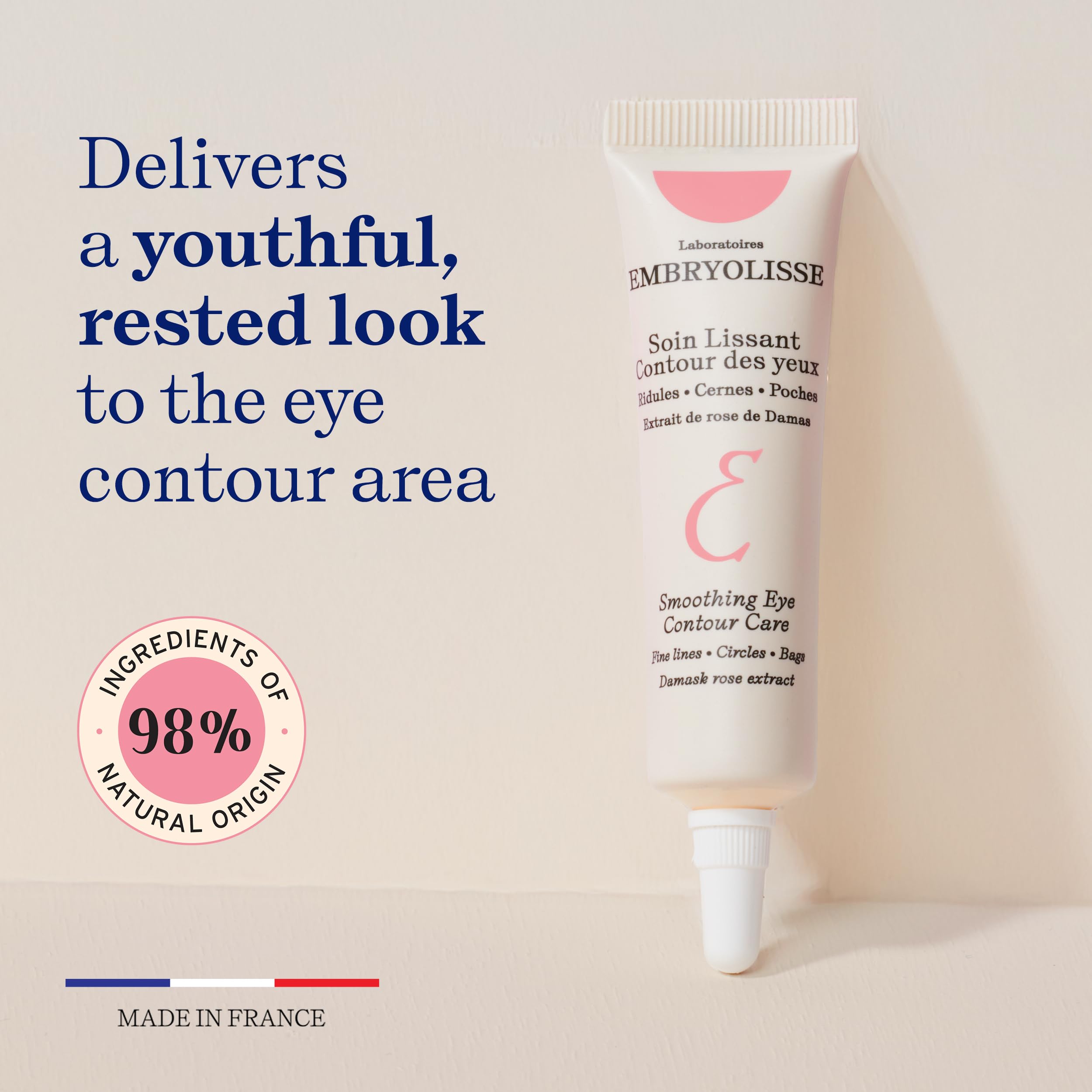 Embryolisse smoothing eye contour care being dabbed under the eye for anti-fatigue benefits