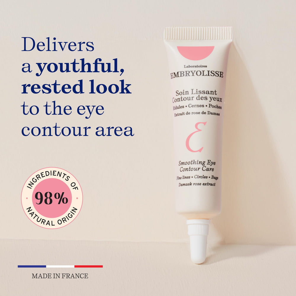 Embryolisse smoothing eye contour care being dabbed under the eye for anti-fatigue benefits