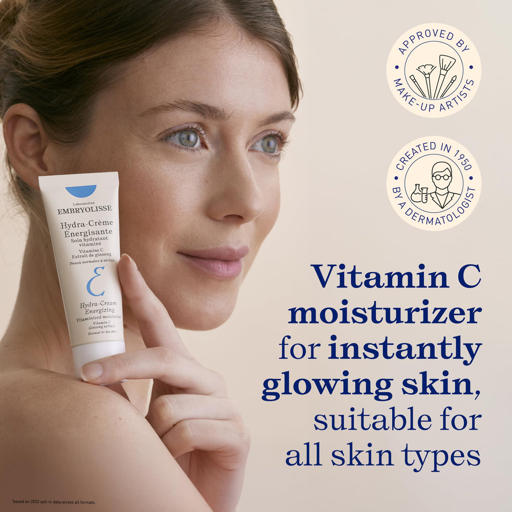 Embryolisse Vitamin C Energizing Face Moisturizer label closeup highlights vitamin C and ginseng benefits