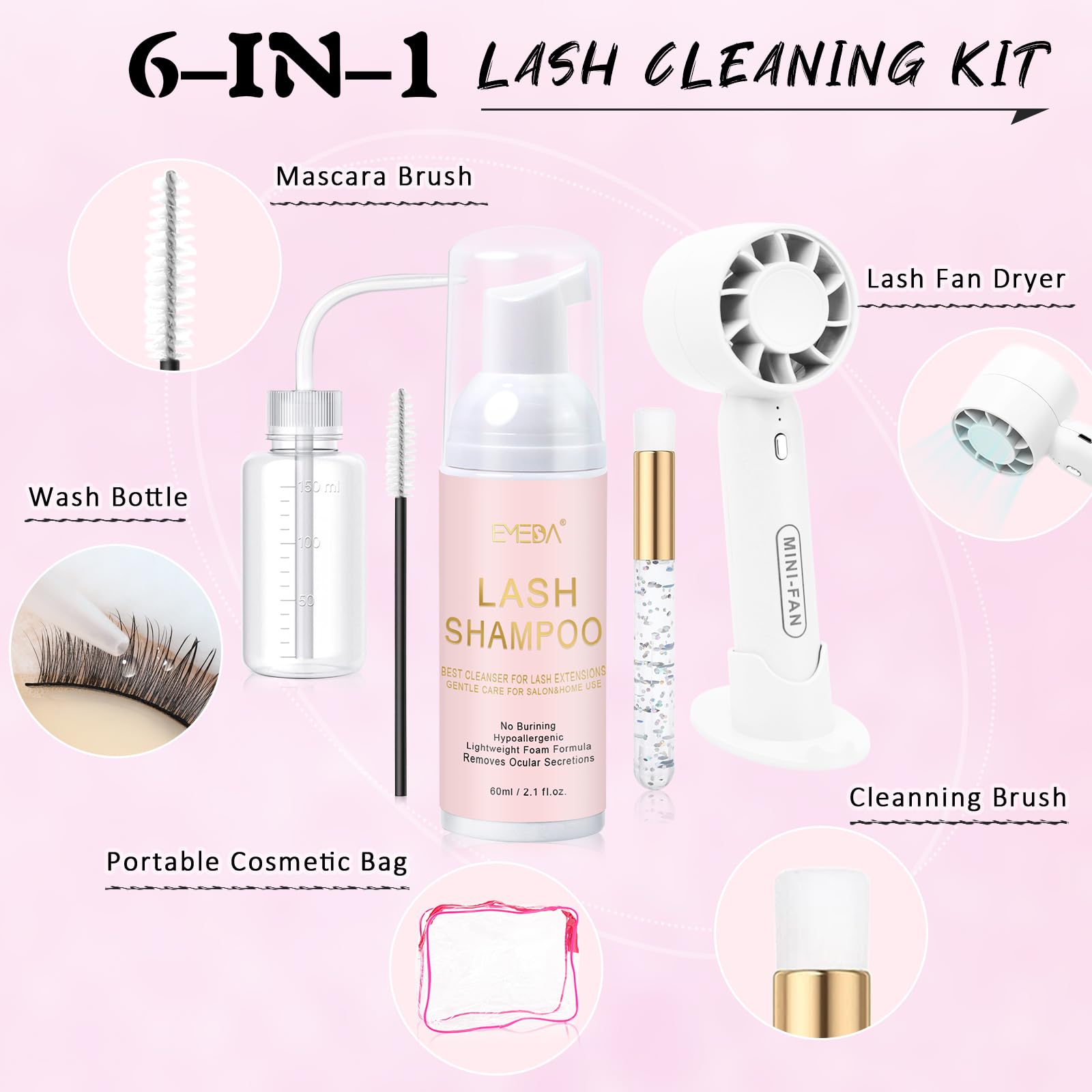 EMEDA lash shampoo 60ml bottle offers gentle cleansing for extensions and natural lashes.