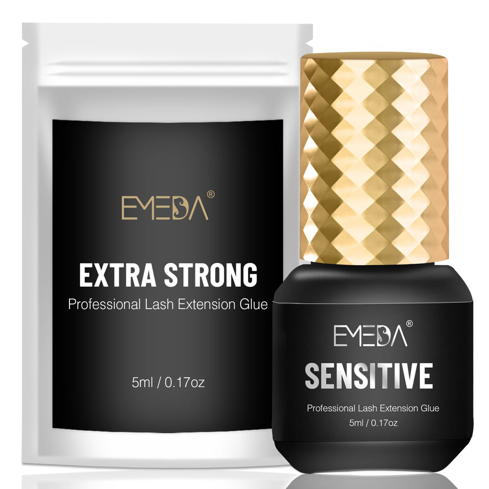 EMEDA Sensitive Lash Extension Glue bottle close-up showing quick tack for pros.