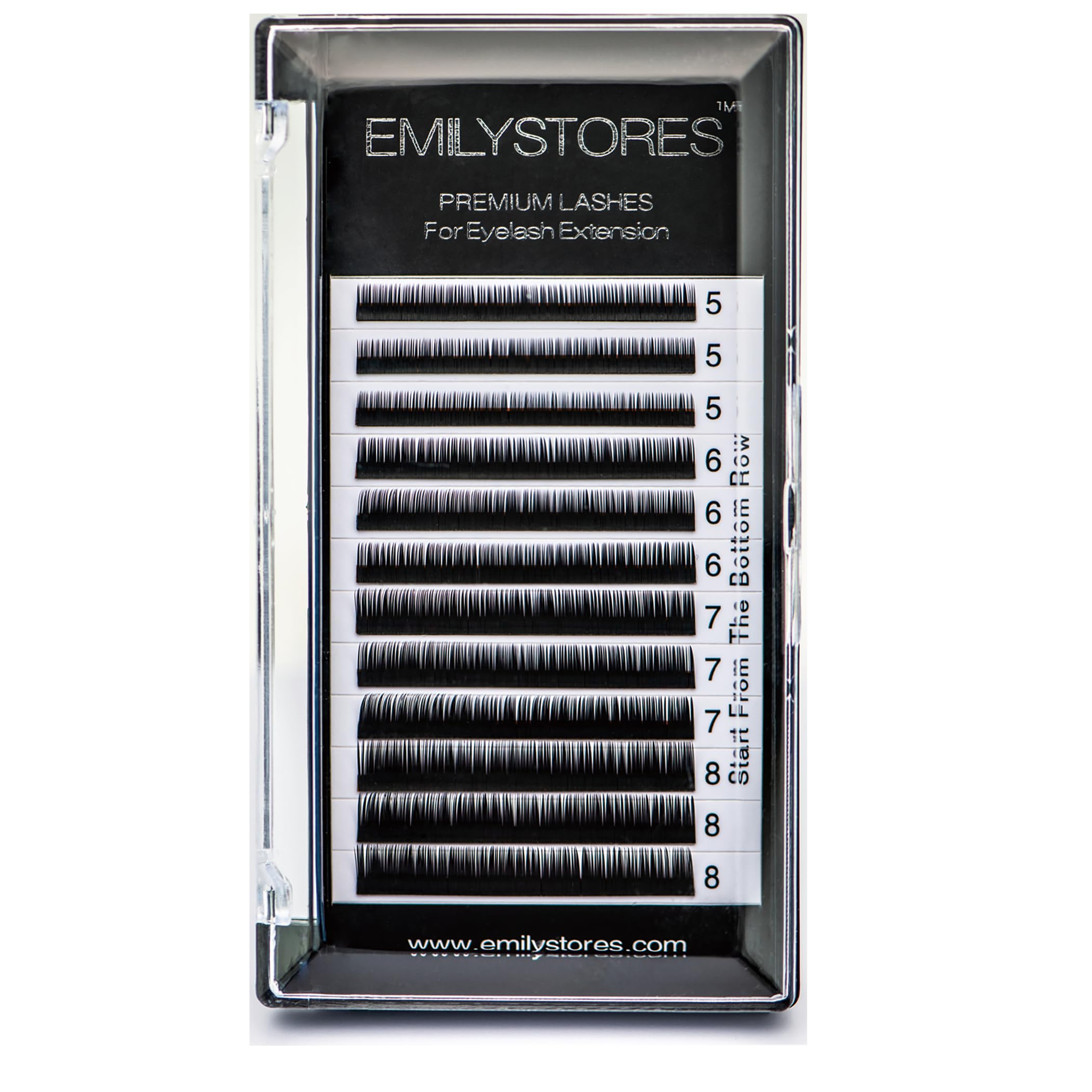 EMILYSTORES bottom lash extensions tray with 12 rows for easy selection.