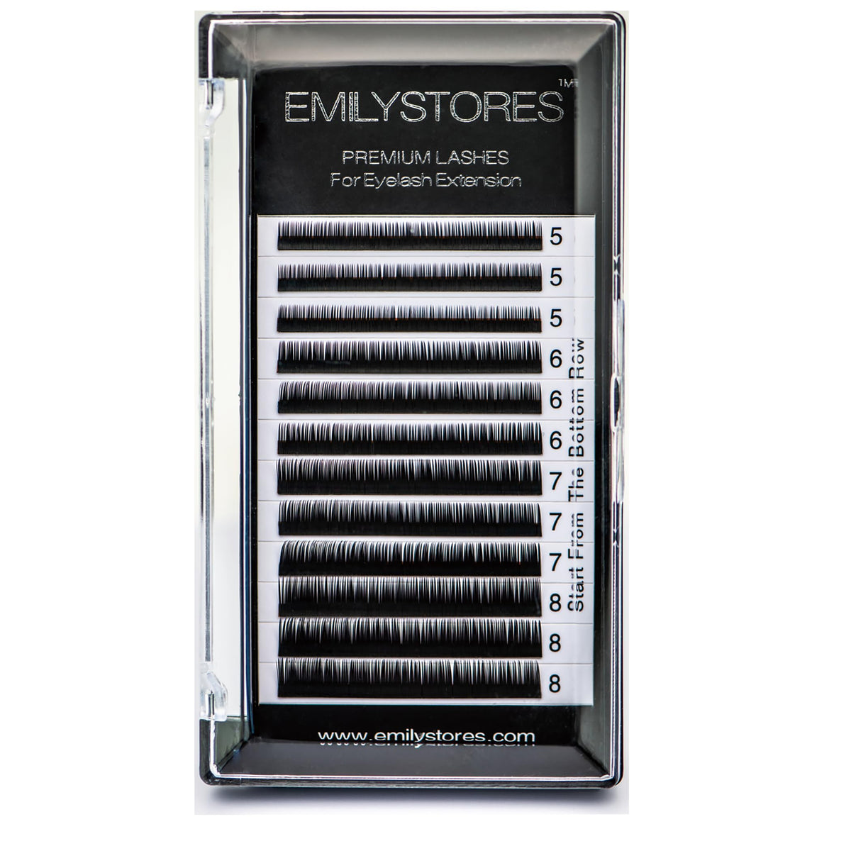 EMILYSTORES bottom lash extensions tray with 12 rows for easy selection.