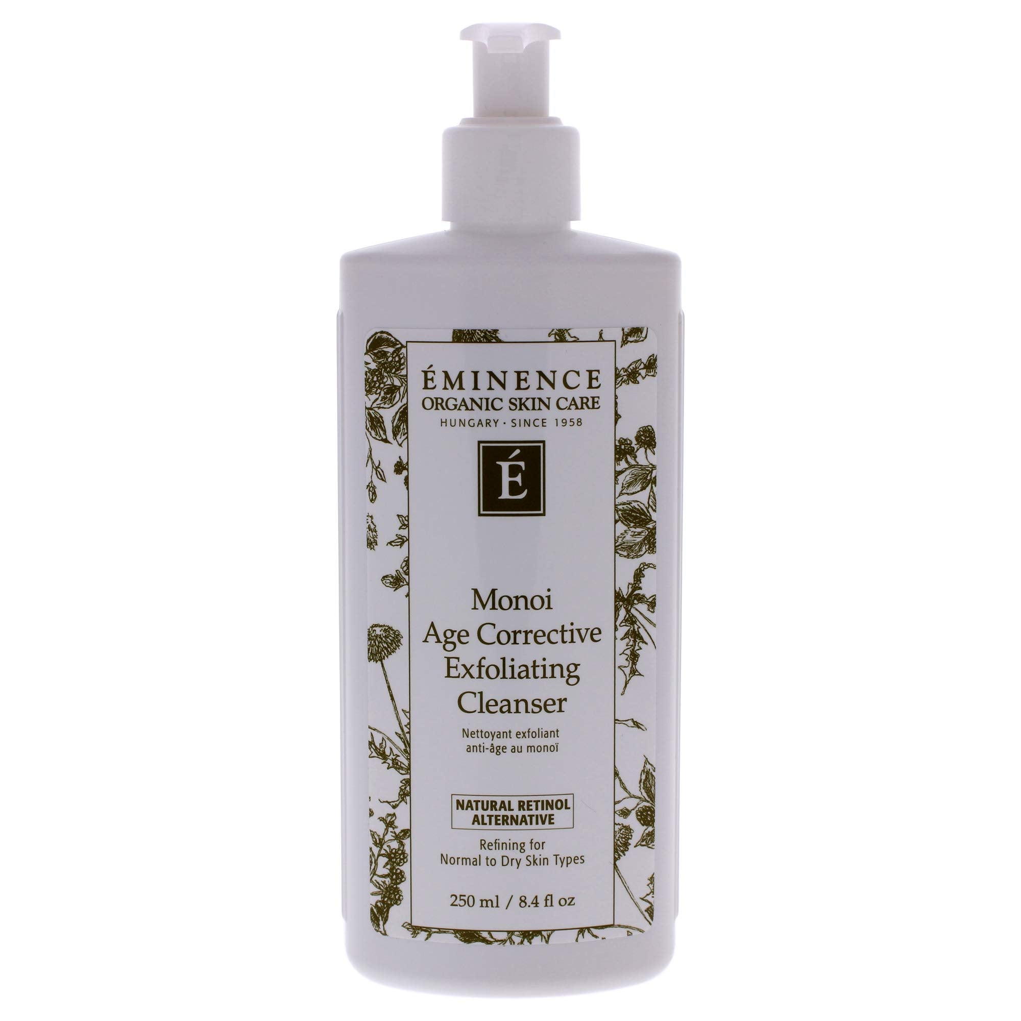 Eminence Age Corrective Monoi Exfoliating Cleanser bottle showcases gentle exfoliation for smoother skin.