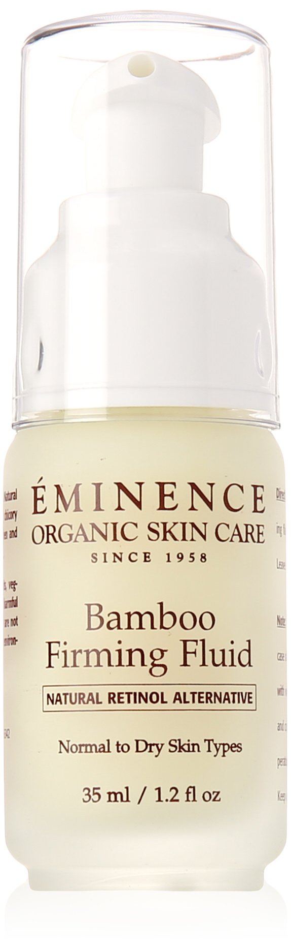 Eminence Bamboo Firming Fluid bottle close-up showing hydrating, skin-firming action