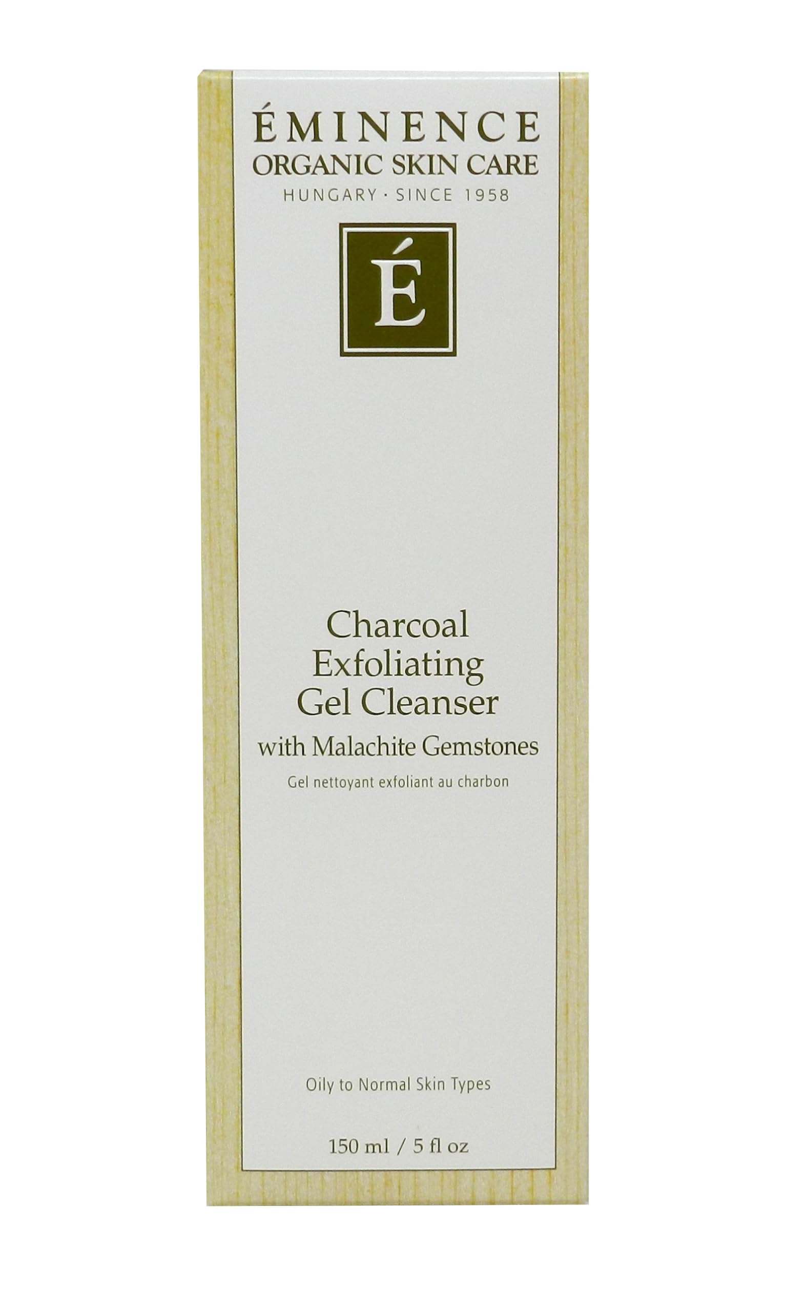 Eminence Charcoal Exfoliating Gel Cleanser gel pour close-up suggests detoxifying texture for daily renewal.