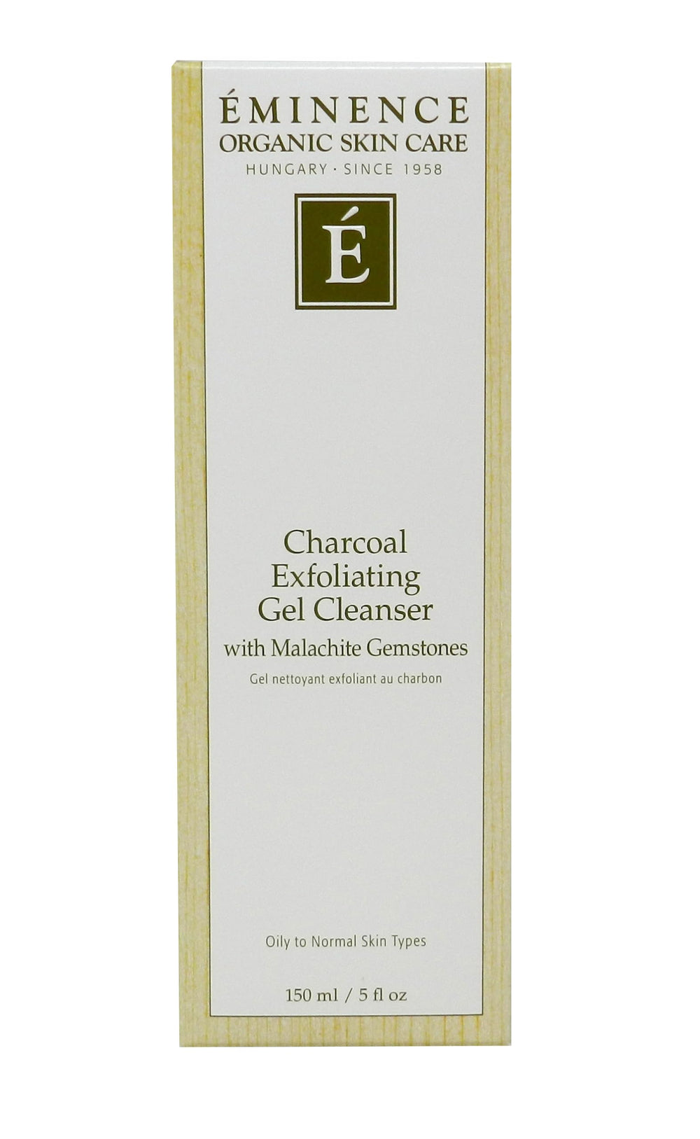Eminence Charcoal Exfoliating Gel Cleanser gel pour close-up suggests detoxifying texture for daily renewal.