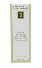 Eminence Charcoal Exfoliating Gel Cleanser gel pour close-up suggests detoxifying texture for daily renewal.