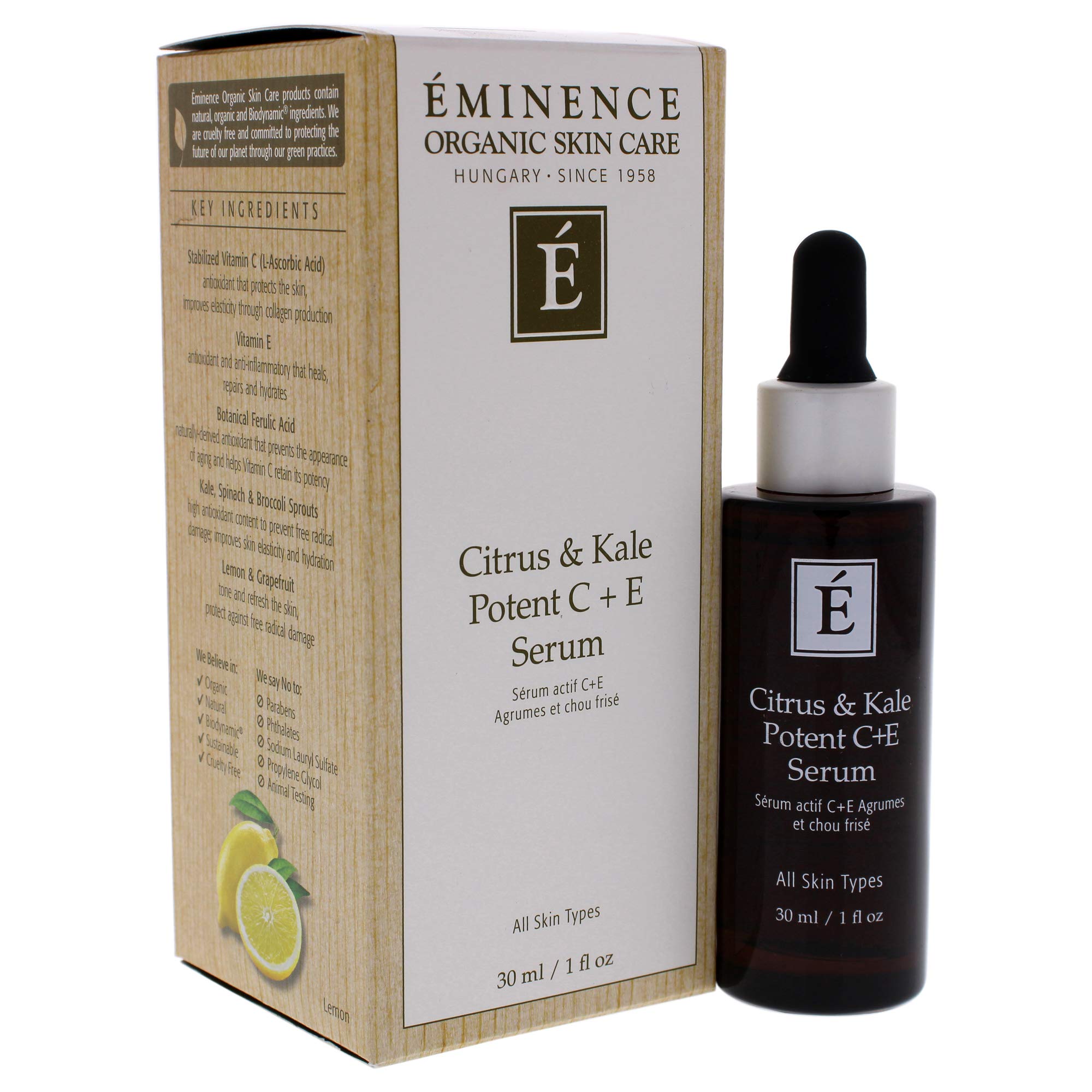 Eminence Citrus & Kale Potent C Plus E Serum ingredients highlight Ferulic acid and Vitamin C