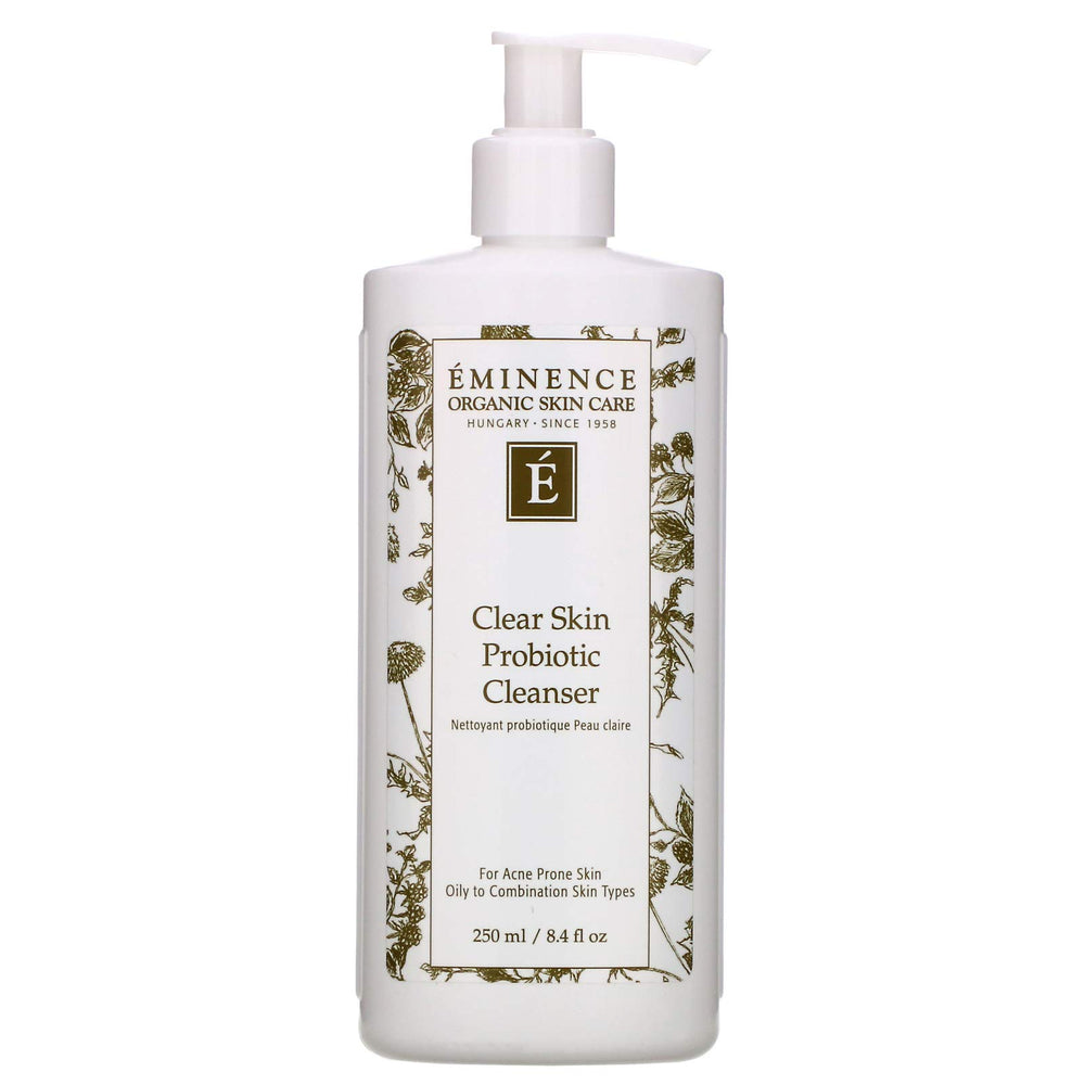 Eminence Clear Skin Probiotic Cleanser bottle close-up with soothing cream-gel texture for balanced skin