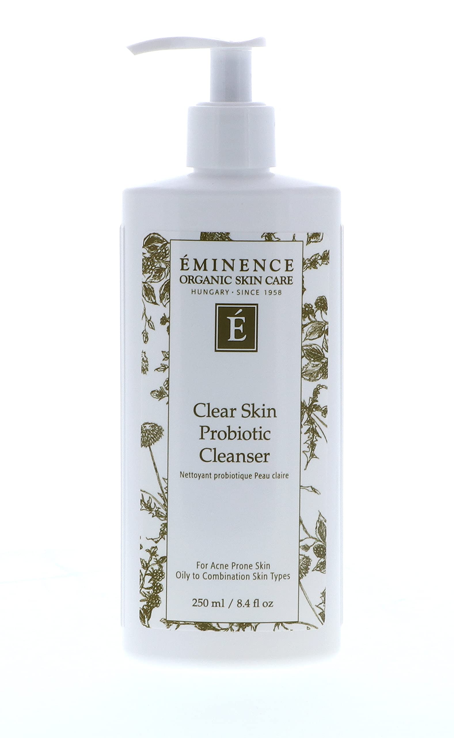 Eminence Clear Skin Probiotic Cleanser bottle shows cream-gel texture for oily skin cleansing