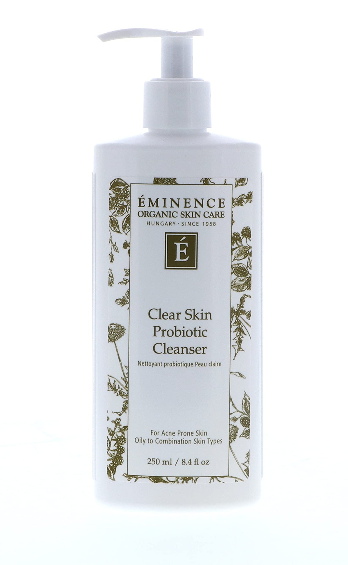 Eminence Clear Skin Probiotic Cleanser bottle shows cream-gel texture for oily skin cleansing