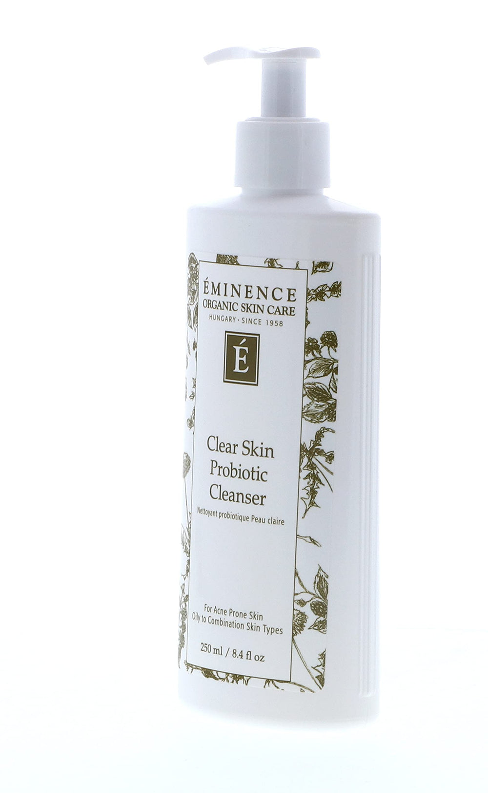 Eminence Clear Skin Probiotic Cleanser ingredients close-up featuring cucumber and tea tree oil