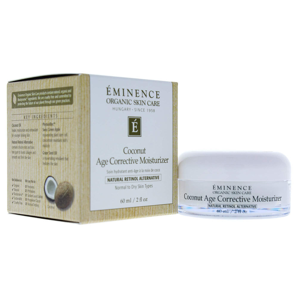Eminence Coconut Age Corrective Moisturizer bottle-front promotes premium hydration for all skin types.