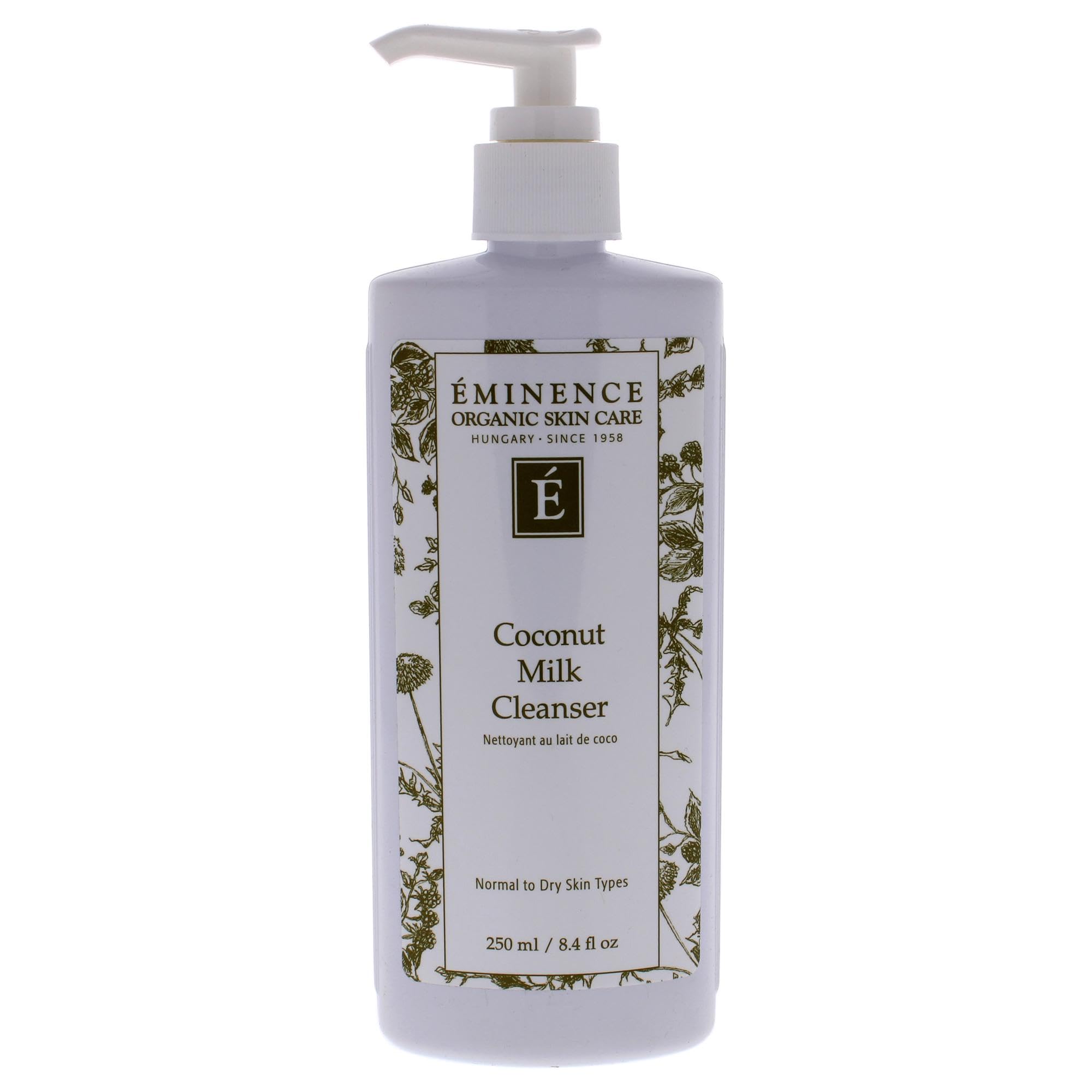 Eminence Coconut Milk Cleanser bottle pour shows gentle hydration for sensitive skin