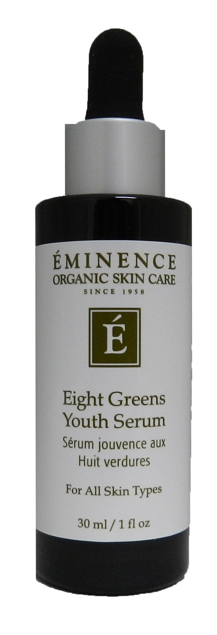 Eminence Eight Greens Youth Serum bottle for daily rejuvenation and environmental protection.