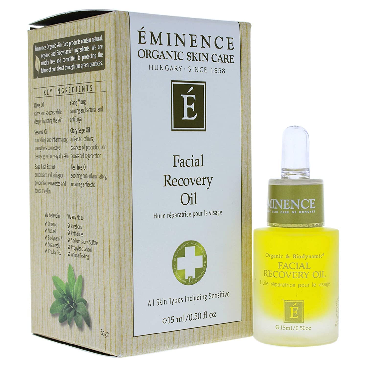 Eminence Facial Recovery Oil bottle close-up showing soothing formula.