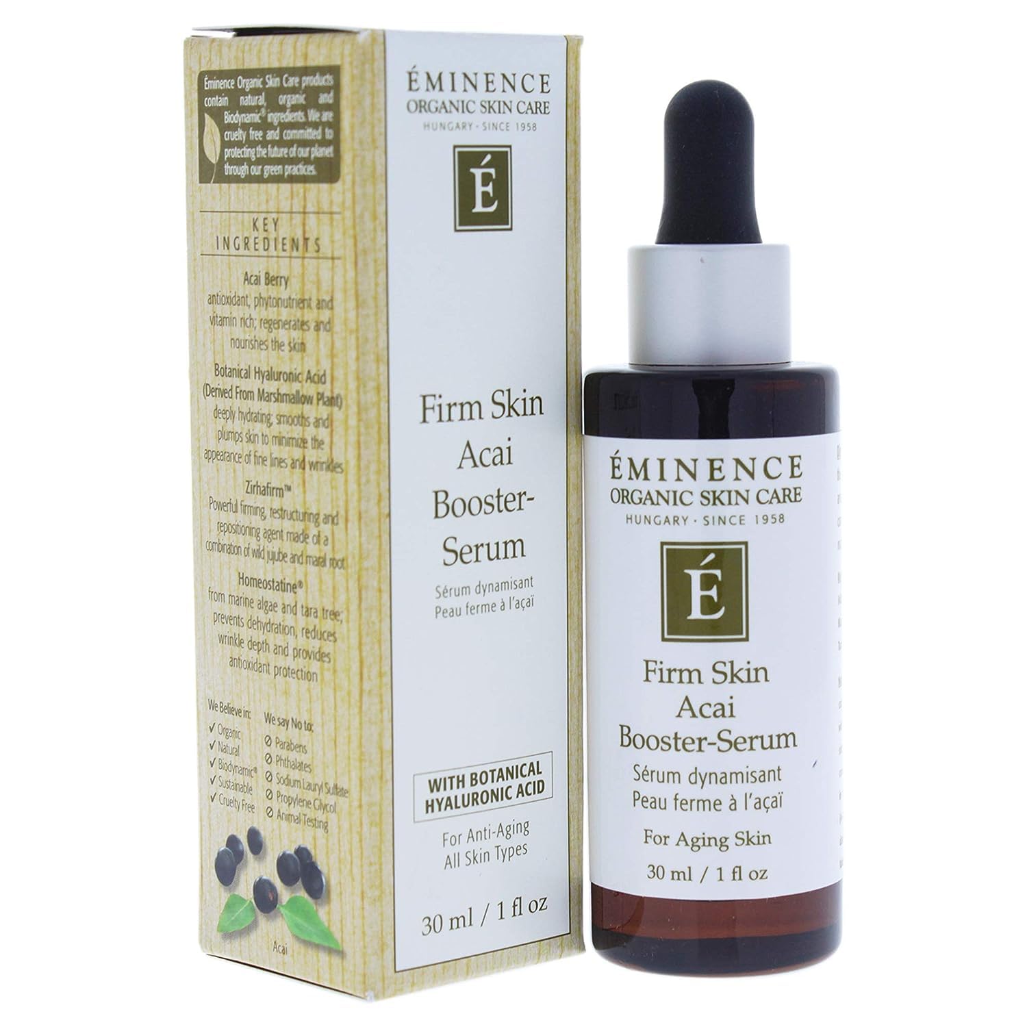 Eminence Firm Skin Acai Booster Serum bottle closeup for radiant hydration.