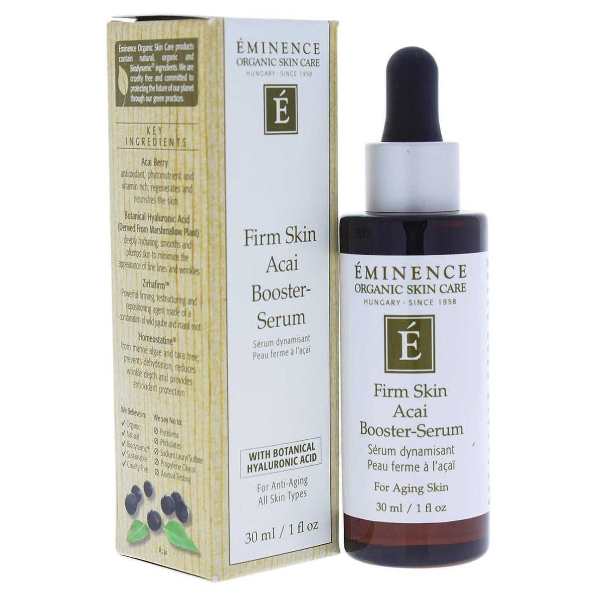 Eminence Firm Skin Acai Booster Serum bottle closeup for radiant hydration.