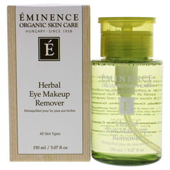 Eminence Herbal Eye Make Up Remover bottle closeup, gentle cleansing for sensitive eyes.
