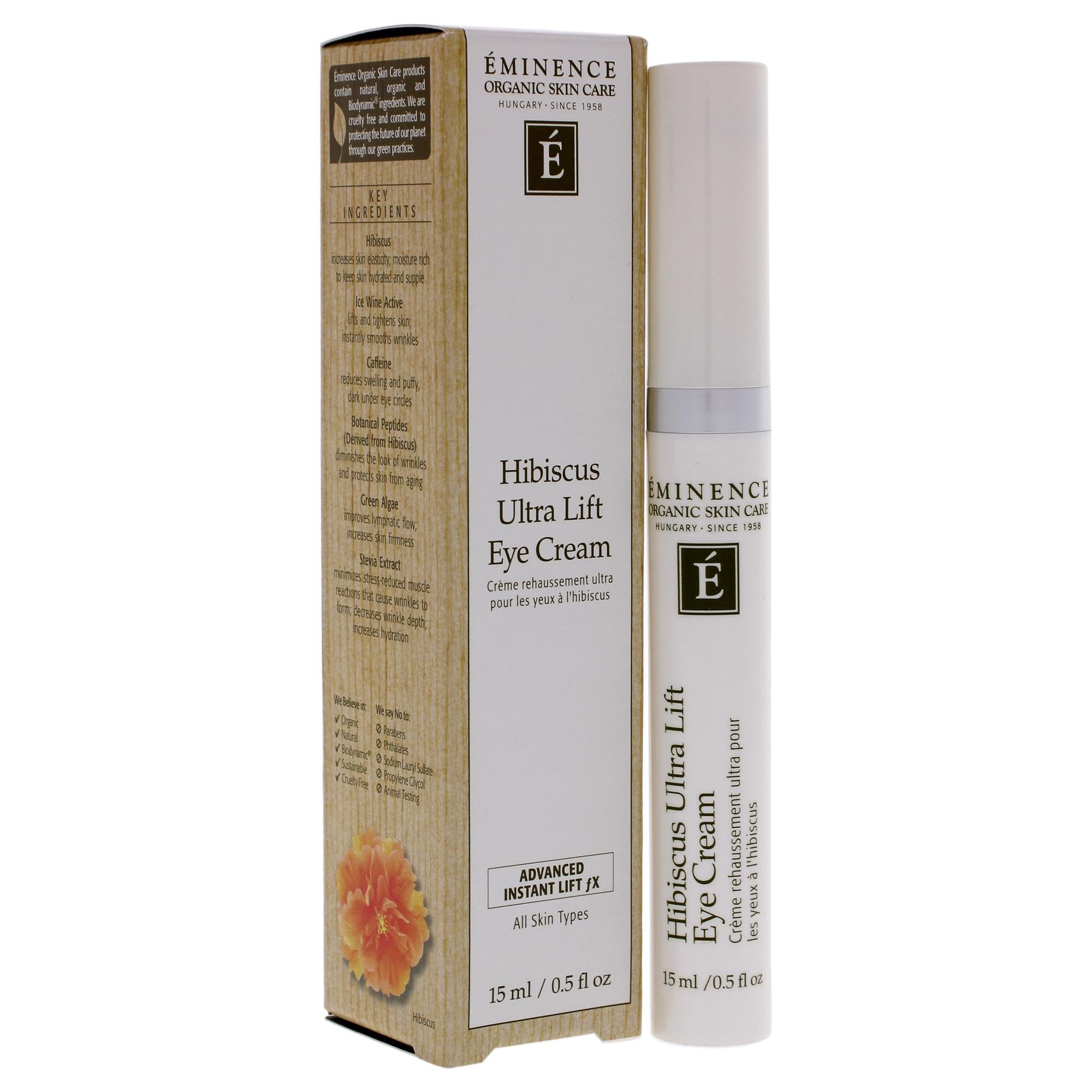 Eminence Hibiscus Ultra Lift Eye Cream packaging showcases premium formula for nourished under-eyes