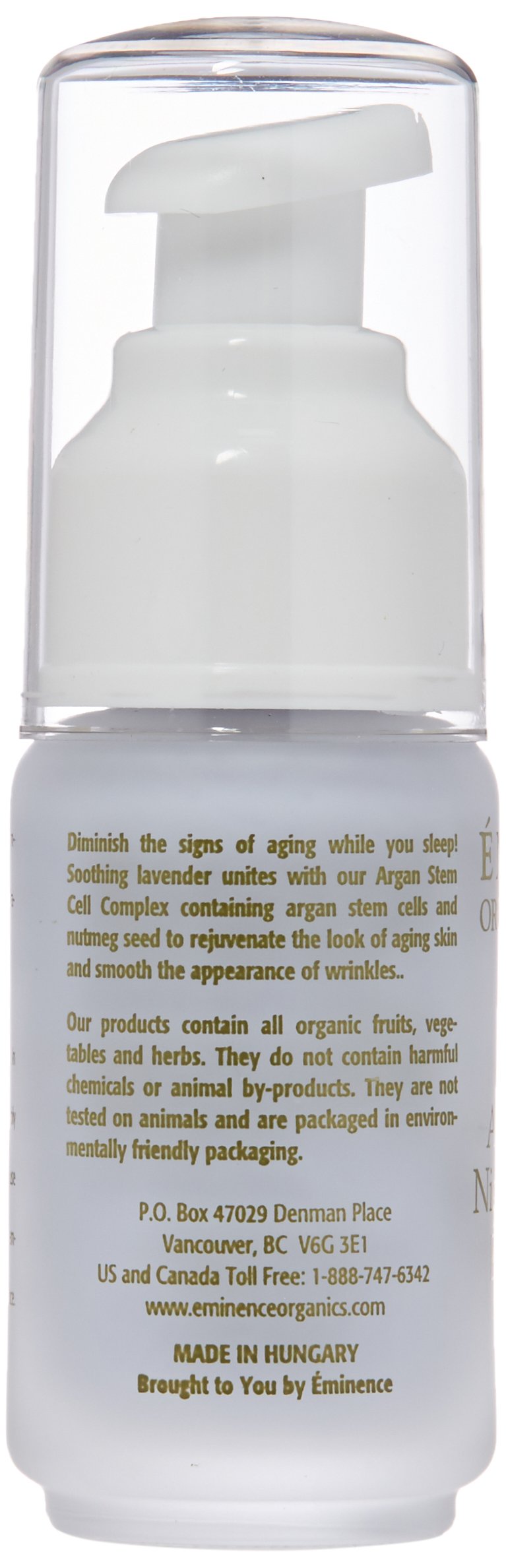 Argan oil imagery highlights Eminence Lavender Night Concentrate nourishes skin.